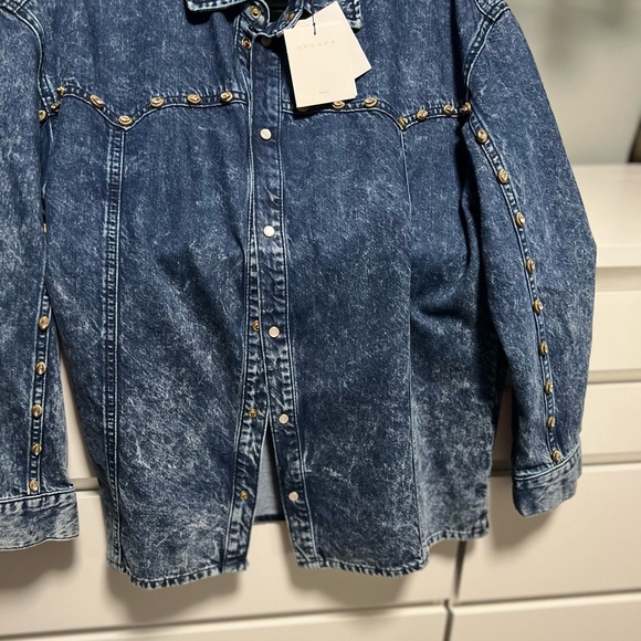 NWT Sandro Stane Denim Rhinestone Pearl Shirt Midnight Blue Western Jacket US 8 - Picture 9 of 16